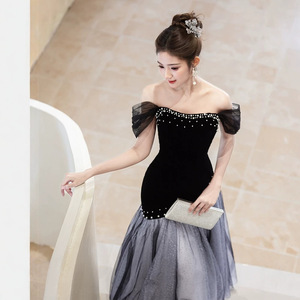 Black Strapless Evening Gown With Asymmetric Tulle Skirt For Coming Of Age Ceremony Natural Waistline S26113 - Product Image 1
