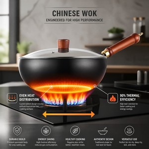 Most Popular Cast Iron Wok with Glass Lid Non-Stick No Coating Big Belly Fry Kitchen Cooking Wok <b>Pan</b> Wajan Kuali - Product Image 2