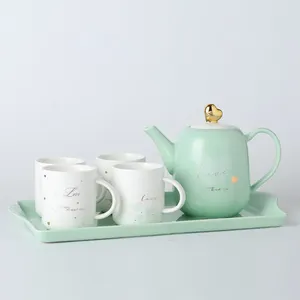 Ensemble de théière en céramique avec plateau, 6 pièces, créatives en forme de cœur, du style macaron vert, mignon, tasse à café, thé peinte, ensemble cadeau