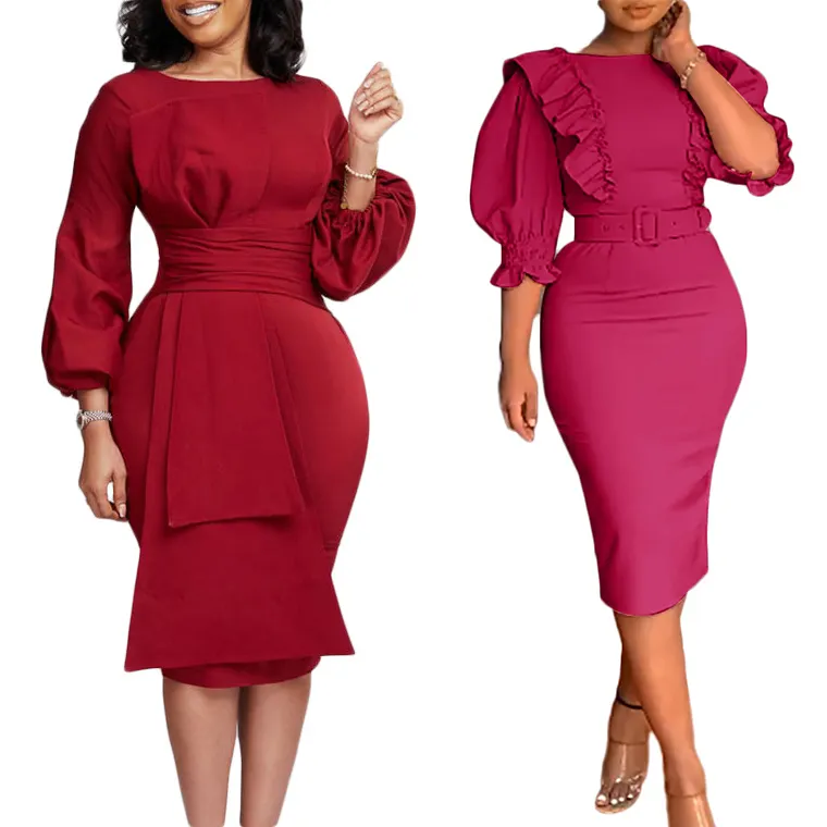 Hot Selling women's fashion plus size African slim office pencil dress with belt