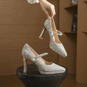 Zapatos de Tacón Alto Grueso para Mujer, Diseño de Pedrería, Hechos a Mano, para Novia, Venta al Por Mayor Directo de Fábrica - Product Image 1