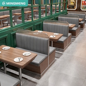 Grey PU Leather <b>Restaurant</b> Booth Seating With Mesh Metal Partition Back Vertical Channel Tufted Bench Dinning Table <b>Set</b> - Product Image 1