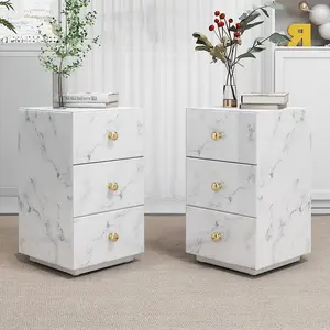Nouveaux meubles de chambre à coucher de luxe Table de chevet à 3 tiroirs Table de chevet en marbre Texture miroir pour hôtel à la maison