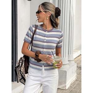 Striped Crew Neck <b>Short</b> <b>Sleeve</b> <b>Cardigan</b> Brown Stripe Women's <b>Cardigan</b> - Product Image 4