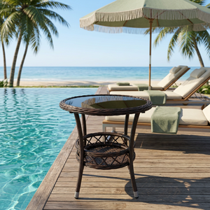 High Quality Hot Selling Modern Brown Rattan <b>Round</b> Coffee <b>Table</b> KD with Tempered Glass Top Garden Patio Deck Poolside Leisure - Product Image 1