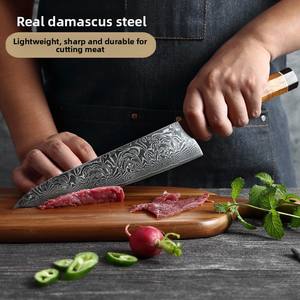 Couteau de chef professionnel de haute qualité en acier Damas vintage, durable, Santoku, hachoir à viande, boucher, ambidextre, bois - Product Image 4