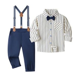 Ensemble de vêtements pour garçons printemps-automne 2026 : Chemise rayée et pantalon à bretelles pour enfants, idéal pour les fêtes d'anniversaire - Product Image 1
