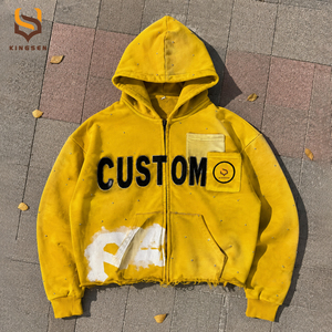 เสื้อฮู้ดดี้ผ้าฝ้ายฟอกสีสไตล์วินเทจสำหรับแบรนด์ต่างๆ แต่งชายเสื้อแบบรุ่ย กระเป๋าติดหมุด ซิปหน้า ทรงโอเวอร์ไซส์ สไตล์ครอป สตรีทแวร์ - Product Image 1