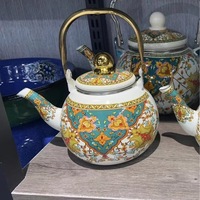 Bouilloire à thé en émail vintage, théière en émail floral vert sur acier avec poignée en porcelaine Cool Touch pour décor de cuisine domestique