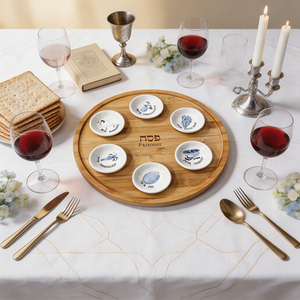 Ensemble de plateaux de Seder en bambou personnalisés avec 6 bols en céramique, <span class=keywords><strong>plateau</strong></span> Ka'arah pour la cérémonie juive traditionnelle, pour la <span class=keywords><strong>table</strong></span> de la fête de Pessa'h - Product Image 6