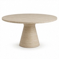 Table à manger ronde en travertin beige, base en pierre massif conique, table en travertin naturel de luxe pour la salle à manger d'une maison moderne ou d'une villa