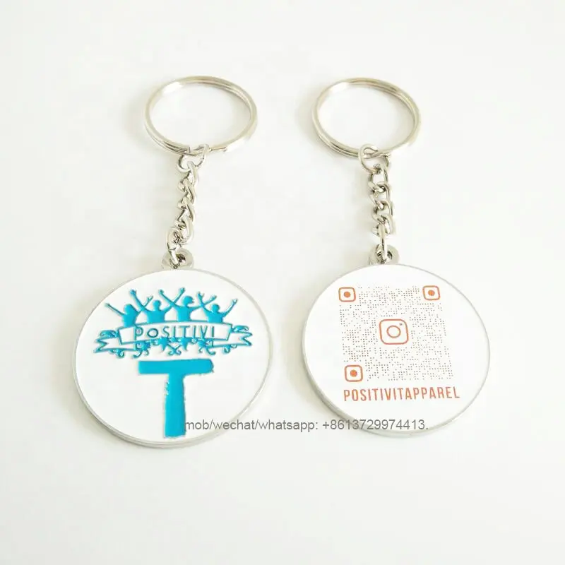 بطاقة مفاتيح معدنية دائرية مخصصة باللون الفضي مطلية بالمينا مع رمز QR مطبوع للهدايا الترويجية