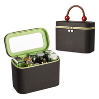 Boîte en cuir PU personnalisée avec impression de logo, sac à maquillage moderne de luxe marron avec doublure en tissu à carreaux pour cosmétiques emballés