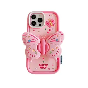 Funda de teléfono de diseño de dibujos animados de mariposa 3D, Material de silicona, soporte plegable, funda de teléfono bonita para iPhone 14 Pro Max