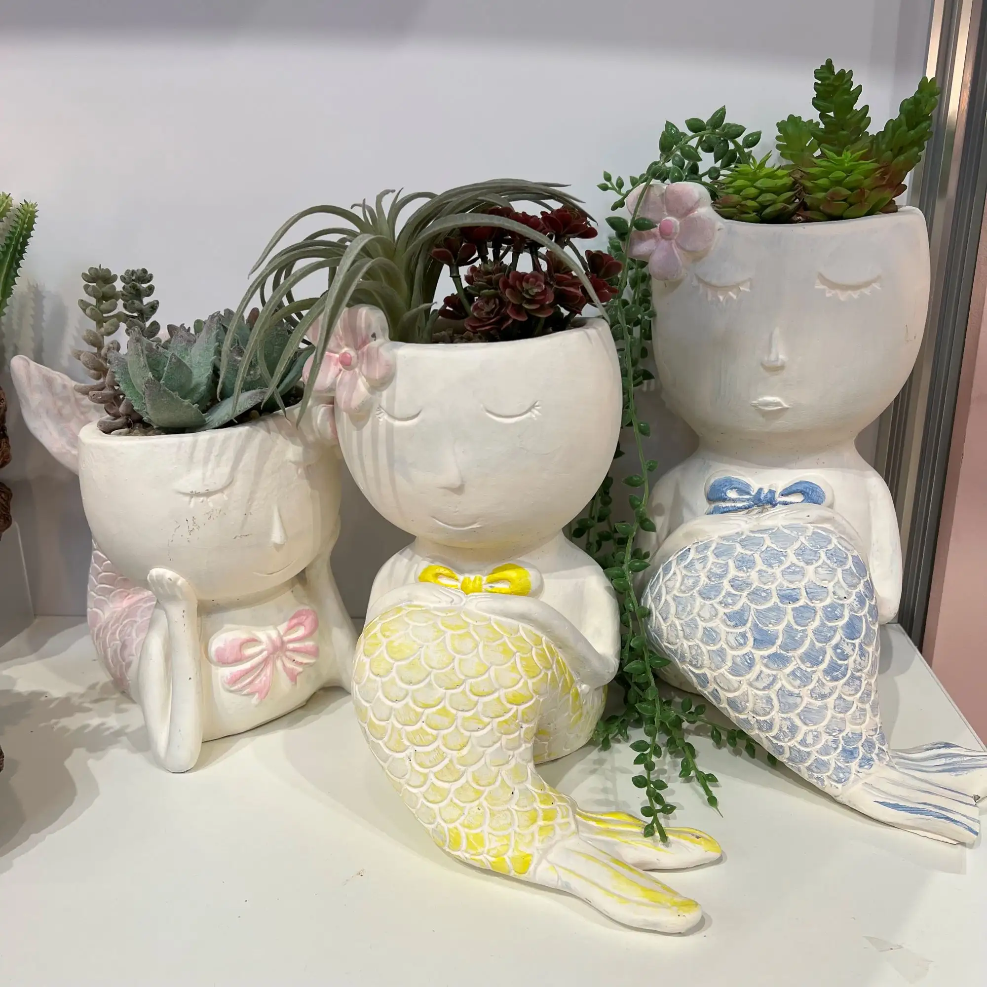 Pot bunga keramik dengan sukulen buatan, Bonsai plastik kecil dengan Pot putri duyung, tanaman sukulen buatan dalam Pot Mini