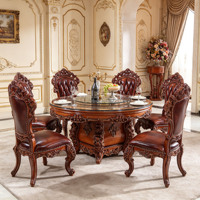 Ensemble de table à manger ronde en bois massif de luxe européen, chaises sculptées avec plateau tournant en verre pour villa, maison, hôtel, vente en gros