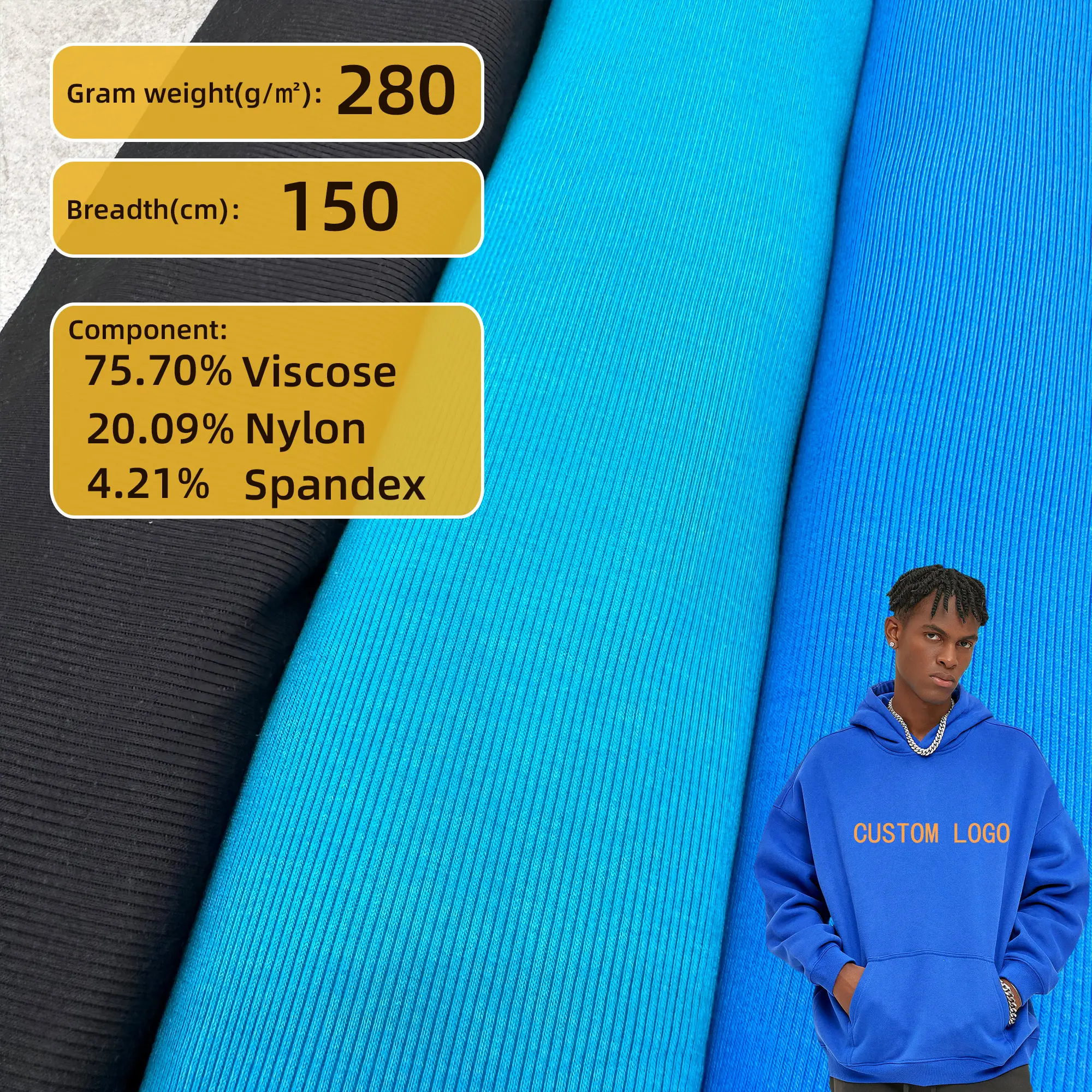 Tecido reciclado macio e confortável 280gsm 75.70% viscose + 20.09% nylon + 4.21% spandex tecido de malha dupla para vestuário