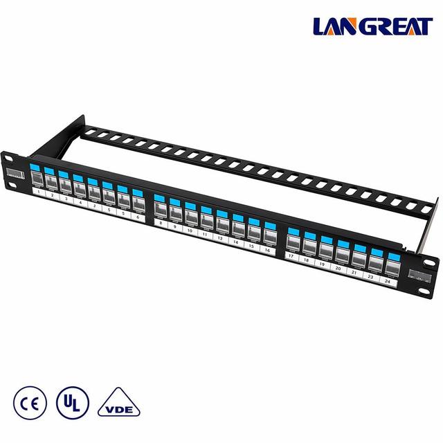 24 Port Blank Patch Panel 1U 19" Unloaded Patch Panel with Rear Management Bar & Dust Cover for Keystone Jacks Blue ID