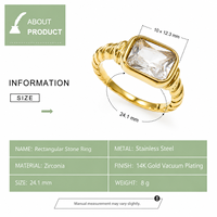 Bague rectangulaire en zircone, acier inoxydable plaqué or 14 carats sous vide, bande torsadée avec pierre centrale transparente