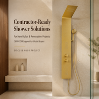 Colonne de douche ultra-mince en acier inoxydable doré brossé avec jets de massage corporels, cascade et mitigeur de salle de bain en céramique pour hôtel