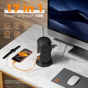 Multiprise <span class=keywords><strong>TESSAN</strong></span> avec protection contre les surtensions, 10 pieds, prise plate noire, 12 prises, 5 ports USB (2 C 3 A), interrupteurs individuels pour - Product Image 4