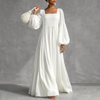 Robes longues vintage en mousseline de soie à taille haute, manches longues, dos nu, élastiques, couleur unie, avec fermeture éclair intégrée et col carré