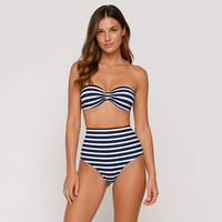 Maßgefertigtes Marineblau Gestreiftes Retro High-Waist Bikini-Set Bandeau-Top Nautischer Druck Bademode Großhandel Chlorresistenter Damen-Badeanzug