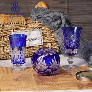 Unique shape embossed handcrafted luxury crystal whisky glass Edo Kiriko blue colored food safe Japanese style cut glass cups