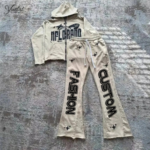 Vestuário Fabricante Logotipo Personalizado Puff Print Cotton Cuff Cut Edge Vintage Casual Homens Zip up Hoodie e Calças Quebra-Cabeçalho Conjunto - Product Image 1