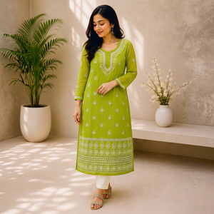 Realza tu estilo diario con esta elegante kurta recta bordada en verde lima. Compra directamente del proveedor. - Product Image 1