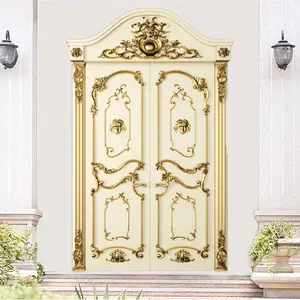 Puerta de madera maciza doble abierta tallada en oro de lujo personalizada, diseño europeo, villa, Palacio, estilo tallado, entrada principal, puerta de madera