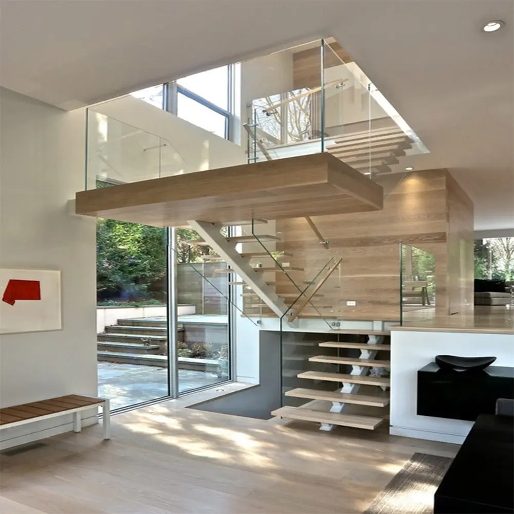 Floding style U shape attic stairs with open riser wood treads and glass stair railing