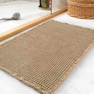 Super Absorbent Non <b>Slip</b> Washable <b>Long</b> Bathroom Rugs Waffle Bath Mat With Tassels, Rubber Backed for Bathroom Floor Beside Tub - Product Image 1