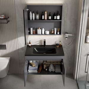 <span class=keywords><strong>Meuble</strong></span>-<span class=keywords><strong>lavabo</strong></span> mural pour projet hôtelier, en aluminium étanche, avec vasque noire, miroir LED rond et unité latérale - Product Image 6