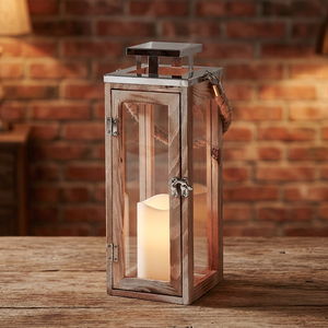 Lanterne carrée en bois avec panneaux en verre et poignée en métal pour la décoration de la maison - Product Image 3