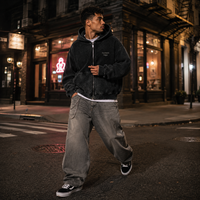 Sweat à capuche zippé côtelé pour homme avec logo personnalisé, marron foncé, coupe ample, style streetwear, épais et oversize