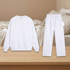 Unisex White Cotton Tracksuit Crew Neck Long Sleeve Solid Color Elastic Waist Casual Loose Fit Adult Spring Wear - Product Image 4