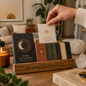 Tarjetas de Oráculo Premium Boho con Afirmaciones de Sol y Luna, Personalizables, Caja de Papel Familiar, 52 Tarjetas de Lujo con Lámina Dorada Terracota, Ecológicas y Duraderas - Product Image 5