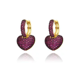 Custom OEM statement jewelry red cz zircon gold two tone plating Huggie hoop heart earrings