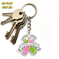Porte-clés flacon de laboratoire Patri & Rober rose et vert avec bannière, breloque en acrylique transparent, anneau et chaîne métalliques, pour sacs à dos