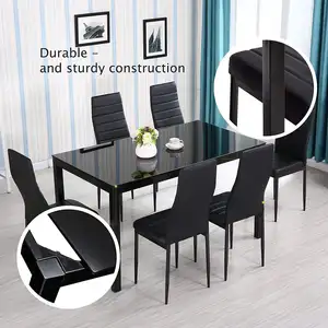 Set Meja dan Kursi Makan Perjamuan Atas Kaca Kualitas Baik Hitam Modern 6 Tempat Duduk Meja Dapur Solid untuk Set Ruang Makan