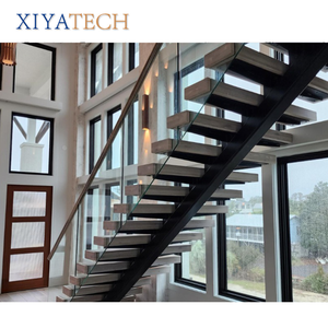 Escalera flotante moderna <span class=keywords><strong>con</strong></span> iluminación <span class=keywords><strong>LED</strong></span> XIYATECH <span class=keywords><strong>con</strong></span> escalones de madera maciza, barandilla de vidrio sin marco, larguero de acero Invisible para villas - Product Image 5