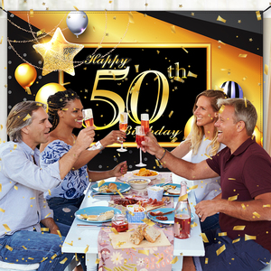 FSFLAG Moderne Grand 50e <span class=keywords><strong>Anniversaire</strong></span> Toile de Fond Décorations Happy70 X 47 Pouces Noir Or Polyester Bannière Femmes Hommes Articles De Fête - Product Image 6