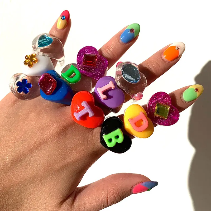 Fashion Colorful Resin Acrylic Rings Heart Letter Flower Shaped Acrylic Irregular Finger Rings