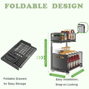 Organisateur de rangement coulissant compact en métal à double tiroir en forme de L, sans logo, réglable, à 2 niveaux, pour <span class=keywords><strong>sous</strong></span> l'évier, en acier - Product Image 2