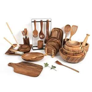 2024 hot selling Acaica Wooden kitchen utensils for Cooking, acacia wooden bowl cheese board Kitchen Utensil Set with Wood