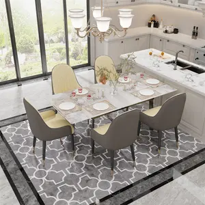 Modern 4-8 People Seats Hidden Retractable Rectangular White Black Marble Kitchen Dining Room Table with Steel Legs