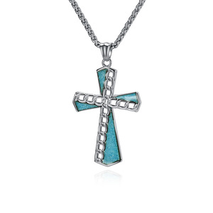 New Shan Hai yunnique style natural turquoise cross necklace, niche and unique <b>titanium</b> steel non-fading sweater ch - Product Image 1