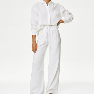 Set Completo Personalizzato in <span class=keywords><strong>Lino</strong></span> Puro per <span class=keywords><strong>Donna</strong></span>, Camicia Bianca e <span class=keywords><strong>Pantaloni</strong></span>, Completo Casual da Spiaggia, Abbigliamento in <span class=keywords><strong>Lino</strong></span> per <span class=keywords><strong>Donna</strong></span> - Product Image 1