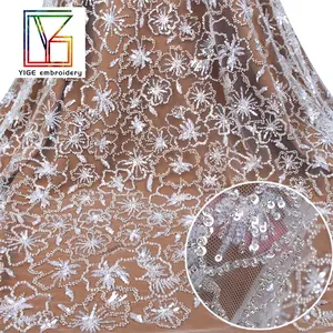 Factory outlet Wholesale french white tulle embroidery 3D Beaded crystal Glitter sequins lace wedding bridal dress fabric for